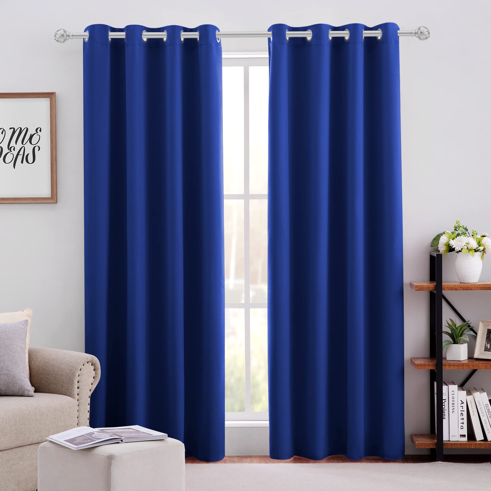 Homeideas Blackout Curtains For Bedroom 52 X 96 Inch Long 2 Panels Set Royal Blue Room Darkening Curtains/Drapes, Soundproof The